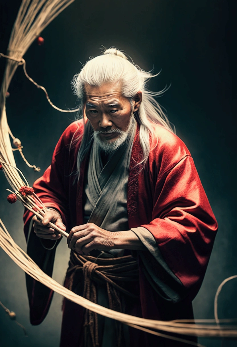 a weathered old chinese man, long white hair, benevolent expression, wearing a red robe, leaning on a cane, looking at red strings, some strings tangled together, some strings broken, (best quality,4k,8k,highres,masterpiece:1.2),ultra-detailed,(realistic,photorealistic,photo-realistic:1.37),intricate details,cinematic lighting,warm color palette,atmospheric,thoughtful expression,dramatic lighting,mystical,spiritual,ancient wisdom