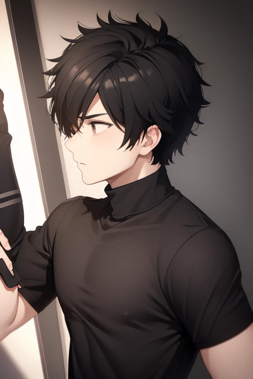 1boy, black hair, spiky hair, black eyes, gray shirt with short sleeves, black arm guard, portrait