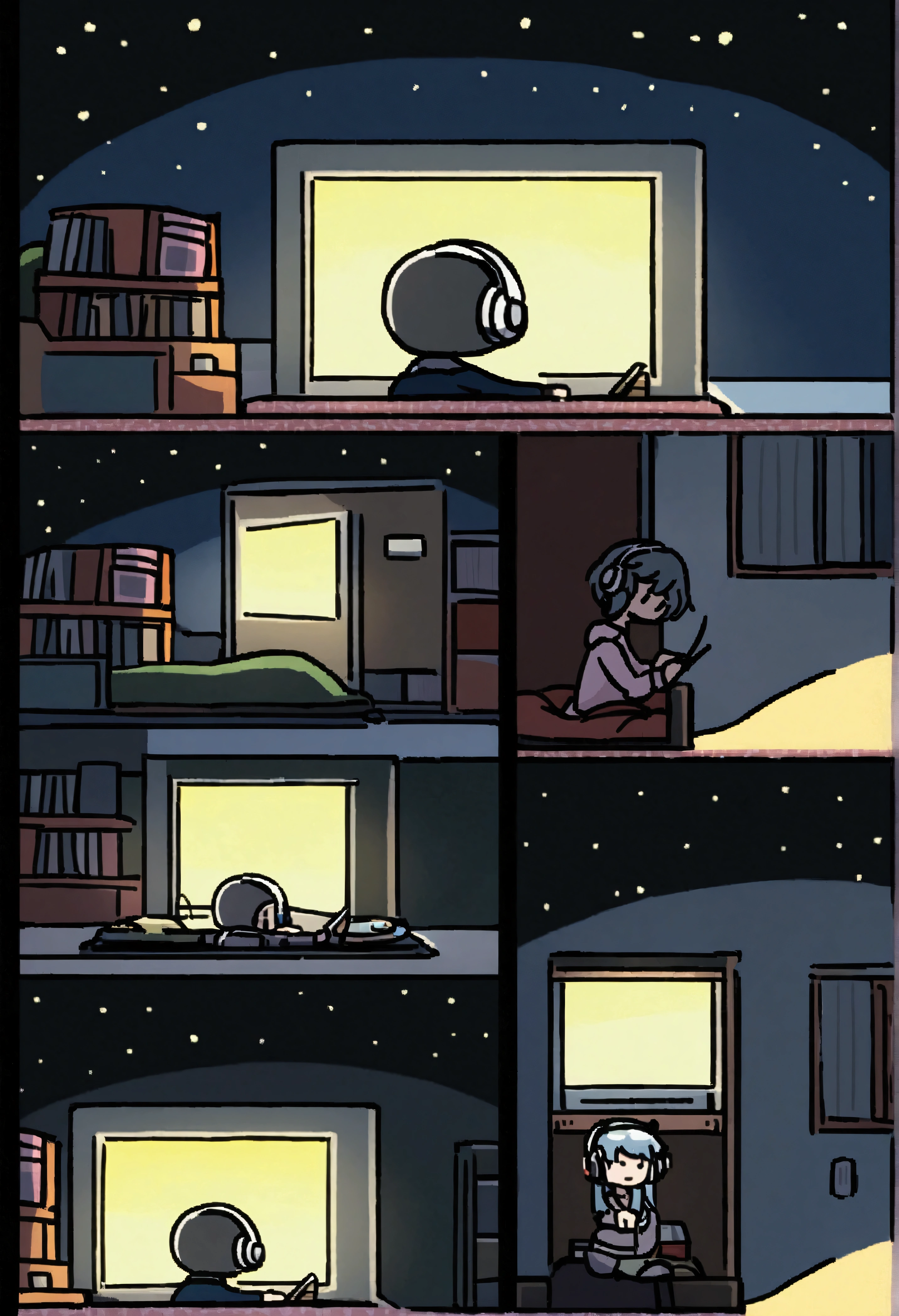 night、Girl listening to music in cozy room, Using headphones, 2D style animation, Low Fidelity, harddisk, Dark Environment,,Shinkai Makoto style