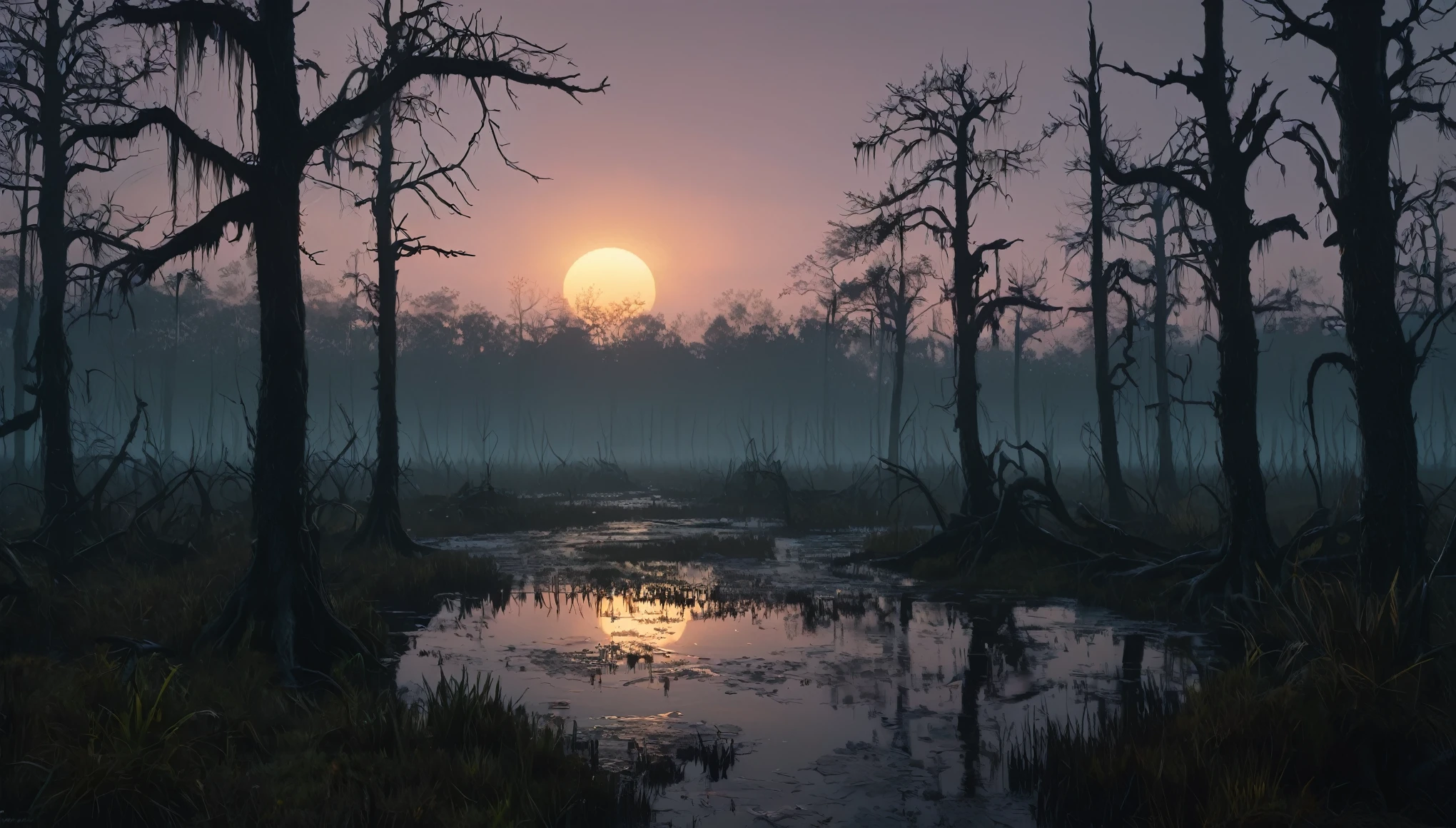 (masterpiece, best quality, high quality, highres:1.4), detailed, extremely detailed, ambient soft lighting, 4K, landscape, (dusk, setting sun, darkening sky:1.3), swamp, mire, mist, mountains in the background, crooked trees, darkness, dark fantasy, gothichorrorai

