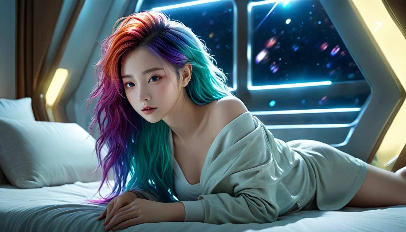 (Highest quality,8k,Very detailed:1.2),(CG,CG Art,3D Rendering),(masterpiece:1.2),（Crawling on the table），（Smart and stylish clothes），(Cinema Lighting,Futuristic),(Woman lying in bed,sleep,close your eyes),(The big window behind her,quiet night),(Colorful Hair:1.5)