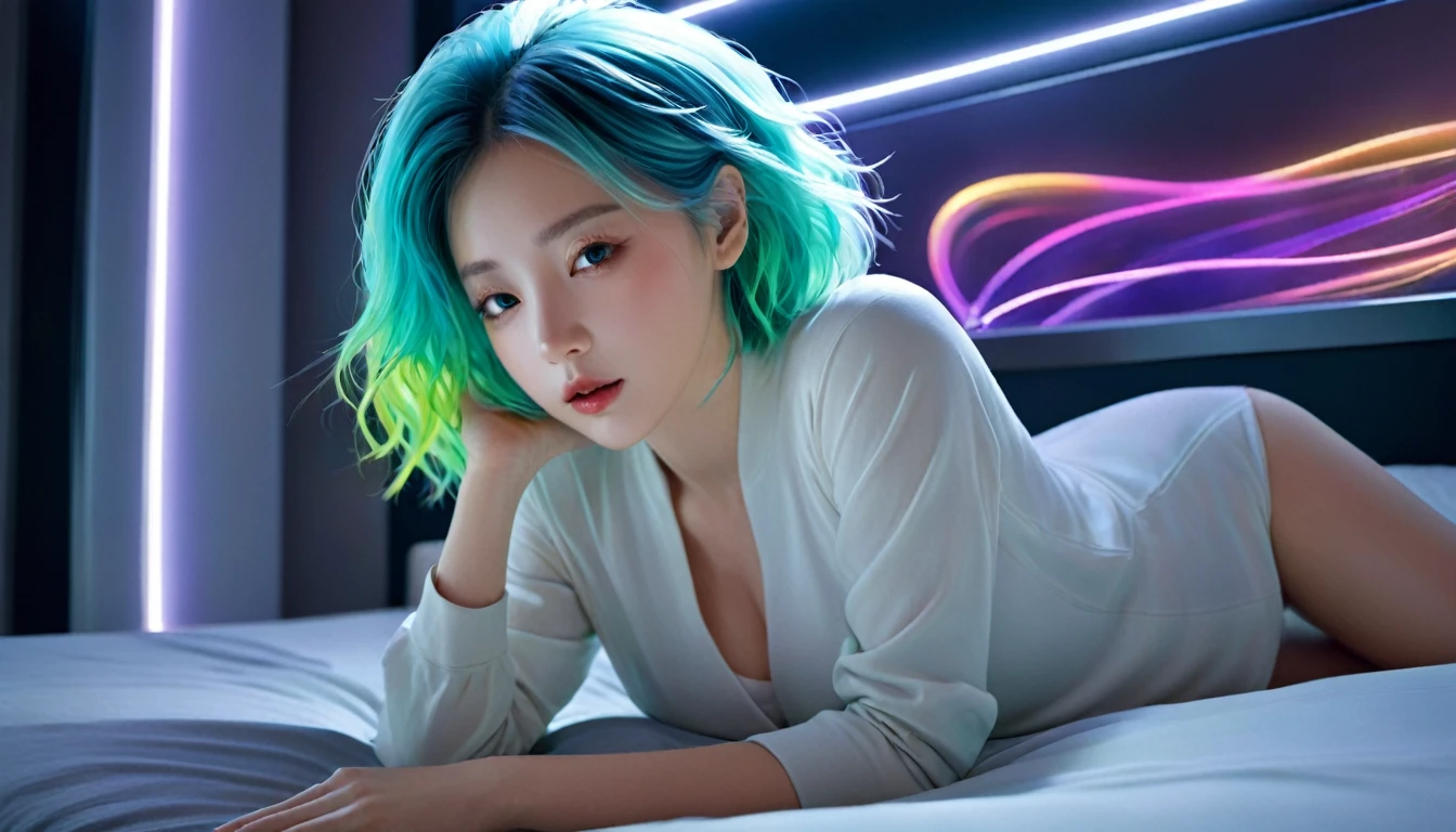 (Highest quality,8k,Very detailed:1.2),(CG,CG Art,3D Rendering),(masterpiece:1.2),(Crawling on the table),(Smart and stylish clothes),(Cinema Lighting,Futuristic),(Woman lying in bed,sleep,close your eyes),(The big window behind her,quiet night),(Colorful Hair:1.5)