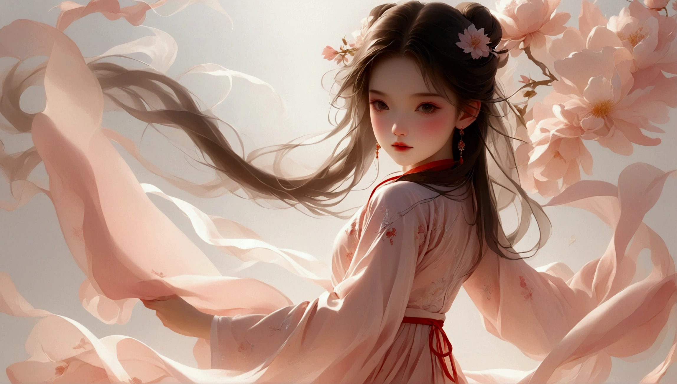 A little girl dancing；[Dark Eyes，confidence，High and cold，happy]；[Long skirt，Elegant，Long sleeve；Set，Light pink and white gradient，Traditional style，The skirt has no pattern，Long skirt下摆像花瓣，Connect with the background,White background；Full body panorama 1.5，Character front；Composition：The character is on the right side of the screen，Large area of white space；Long hair in the wind,Fashion, Dynamic photography, Dynamic photography；Influence of modernism, nature, , modern Art, Astonishing, blur background, Soft lighting，Character front光, happy emotion, Simple style；Minimalism。Panoramic photography；Shallow depth of field, Extraordinary details, masterpiece, high quality, 4K，cinematic lighting, motion blur, depth of field, sparkle, ray tracing, reflection light, anatomically correct, uhd, textured skin, best quality, super detail, highres, high details, accurate, high quality, award winning。
