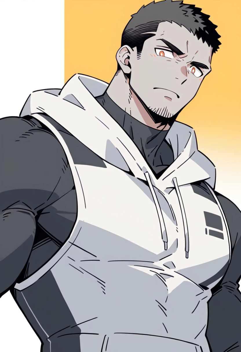 anime characters：Priapus, Dark Grey Skin Muscle Sports Student, Buzz Cut, Manliness, male focus, Sports tight hooded sweatshirt, Under Armour Brand, Wear a high-necked tights underneath, Very tight, Huge pectoral muscles, muscular male, muscular, only, Upper body, alone, Red short hair, Thick eyebrows, stubble, Brown-red pupils, White background, Solid color background, Clean background, simple background, amazing quality, best aesthetics, Ridiculous, crew cut, bright pupils, embarrassed, frown, parted lips, endured face, negative space, negative space, best quality