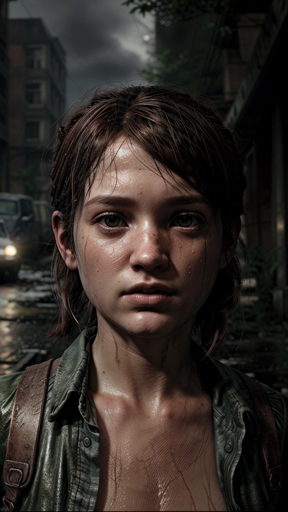 Ellie de the last of us, under the rain, in an abandoned street, naked and wet 