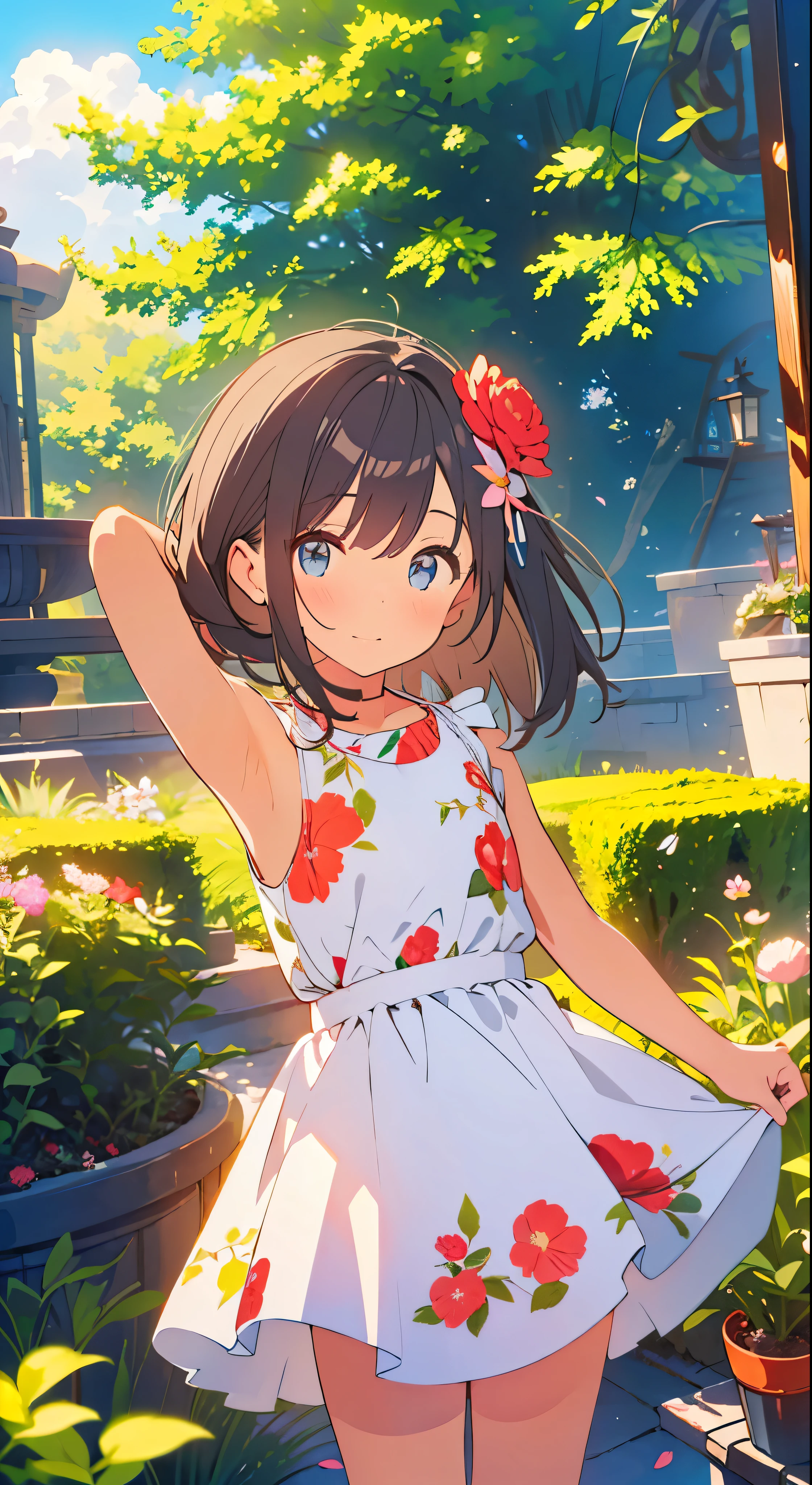 In the garden full of flowers, under the sunlight, little girls in floral dresses are dancing