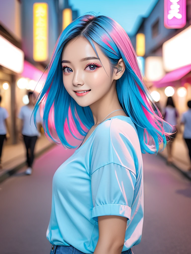 a young indonesian woman, straight hair, neon blue hair color, neon pink highlights, shoulder length, slight smile, casual light blue shirt, showing her hair, posing at the city street. adjust the light to make her hair bright, enhanced the haircolor, blurred background