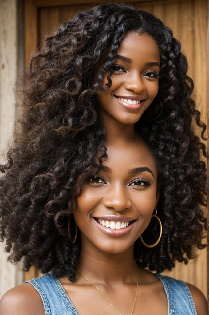 femme metisse super réaliste faites-lui de beaux yeus maron noisete,beautiful black curly hair, un joli sourire,