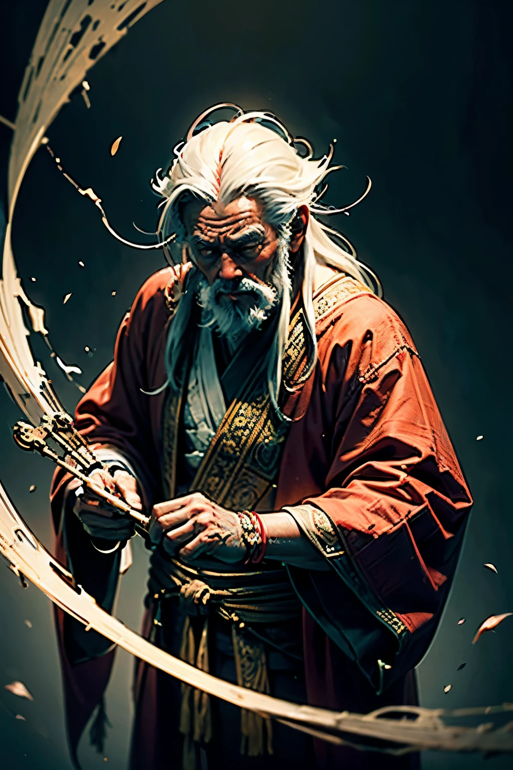 a weathered old chinese man, long white hair, benevolent expression, wearing a red robe, leaning on a cane, looking at red strings, some strings tangled together, some strings broken, (best quality,4k,8k,highres,masterpiece:1.2),ultra-detailed,(realistic,photorealistic,photo-realistic:1.37),intricate details,cinematic lighting,warm color palette,atmospheric,thoughtful expression,dramatic lighting,mystical,spiritual,ancient wisdom