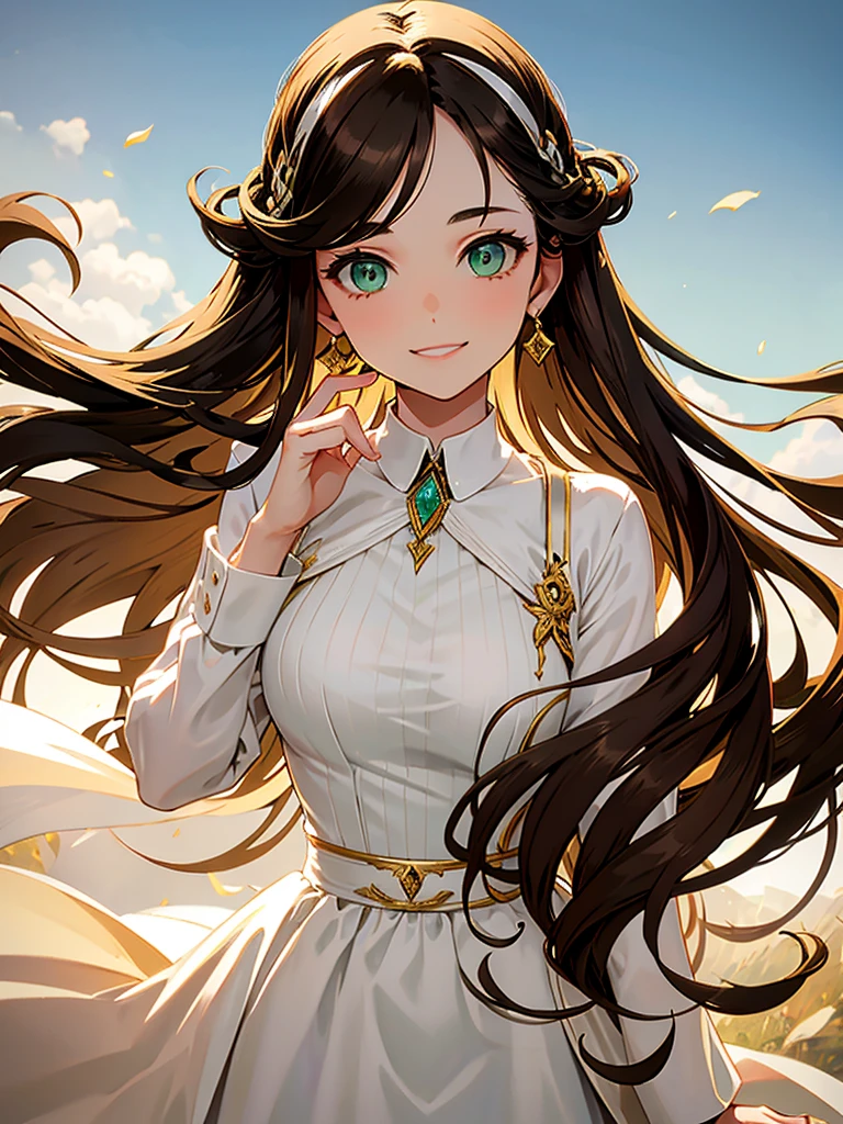 adult woman, long brown hair, green eyes, White formal wear, pomade, smile, masterpiece, high quality