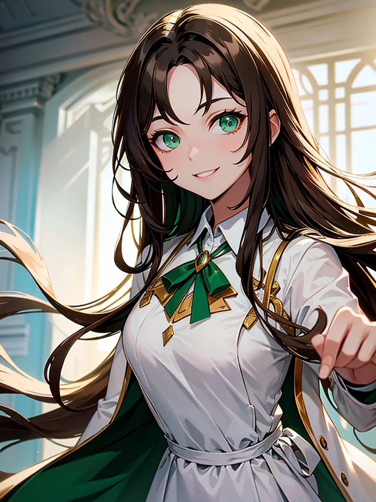 adult woman, long brown hair, green eyes, White formal wear, pomade, smile, masterpiece, high quality