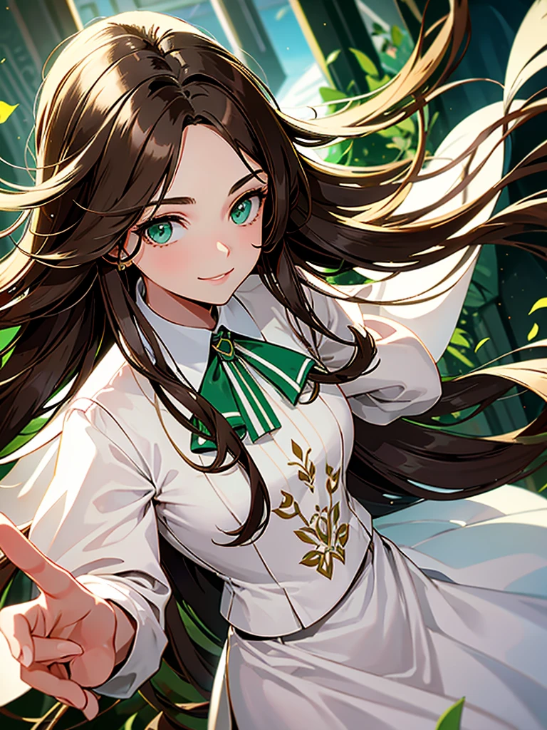 adult woman, long brown hair, green eyes, White formal wear, pomade, smile, masterpiece, high quality