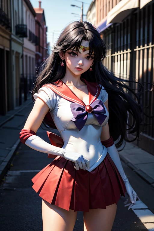 PHOTOREALISTIC , masterpiece, best quality,highres, (yangmi), 1girl, standing on top building, extremely detailed face, wind, SMMars, long hair, sailor senshi uniform, red sailor collar, red skirt, elbow gloves,  action pose, from above,