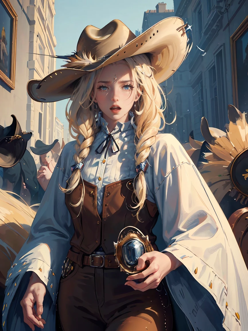 Long LIGHT BLONDE hair, brown eyes, gloss lips, front look, close up, portrait, beautiful eyes, wearing a male white suit, big white, curly hair cut, clear skin, young 30 years girl, adult girl, solo, very long hair, ankle length hair, handsome older WOMAN,Hyperresolution,accuracy,Detailed rendering,(Image of fine hair)(topquality)(Masterpieces of masters)(High degree of completeness)(A sense of atmosphere)tmasterpiece,Super detailed and super detailed(((half-body portrait)))(((Older woman))) (((Western girl))), (((Cowgirl))) (((Cowboy hat))) (((Gunslinger)))(((Better hands)))