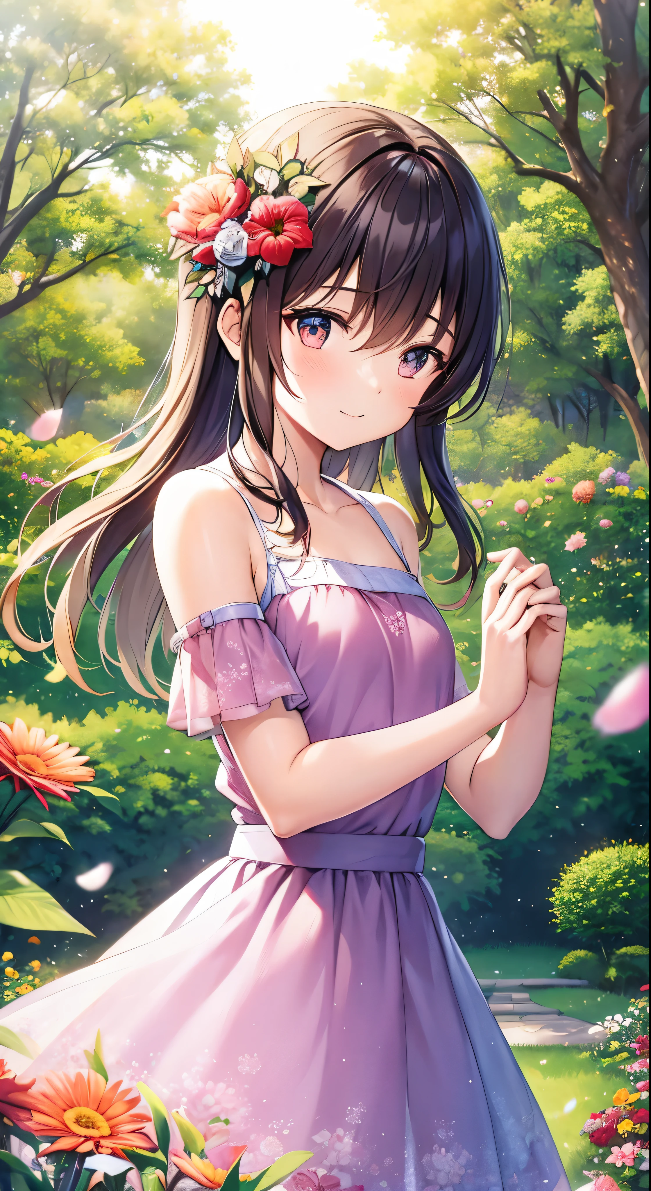 In the garden full of flowers, under the sunlight, little girls in floral dresses are dancing