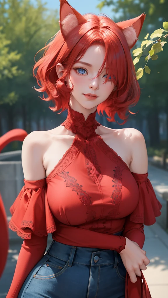 (masterpiece:1.2, best quality), (real picture, intricate details), (1lady, solo), upper body, close-up face, casual, natural fabrics, smile, Top Quality, Masterpiece, Hi-Res, Beautiful Face, photography, High Resolution, 4k, 8k, Asian face, dark orange arm sleeve, detailed face, detailed eye, exposed shoulder, (((blue eyes, red cat ears, medium breast:1.5, red hair:1.5, blue clothes:1.5, short curly hair:1.2, hair over one eye:1.5))), ((red hair:1.5, blue clothes:1.5)), (background tree:1.5),
