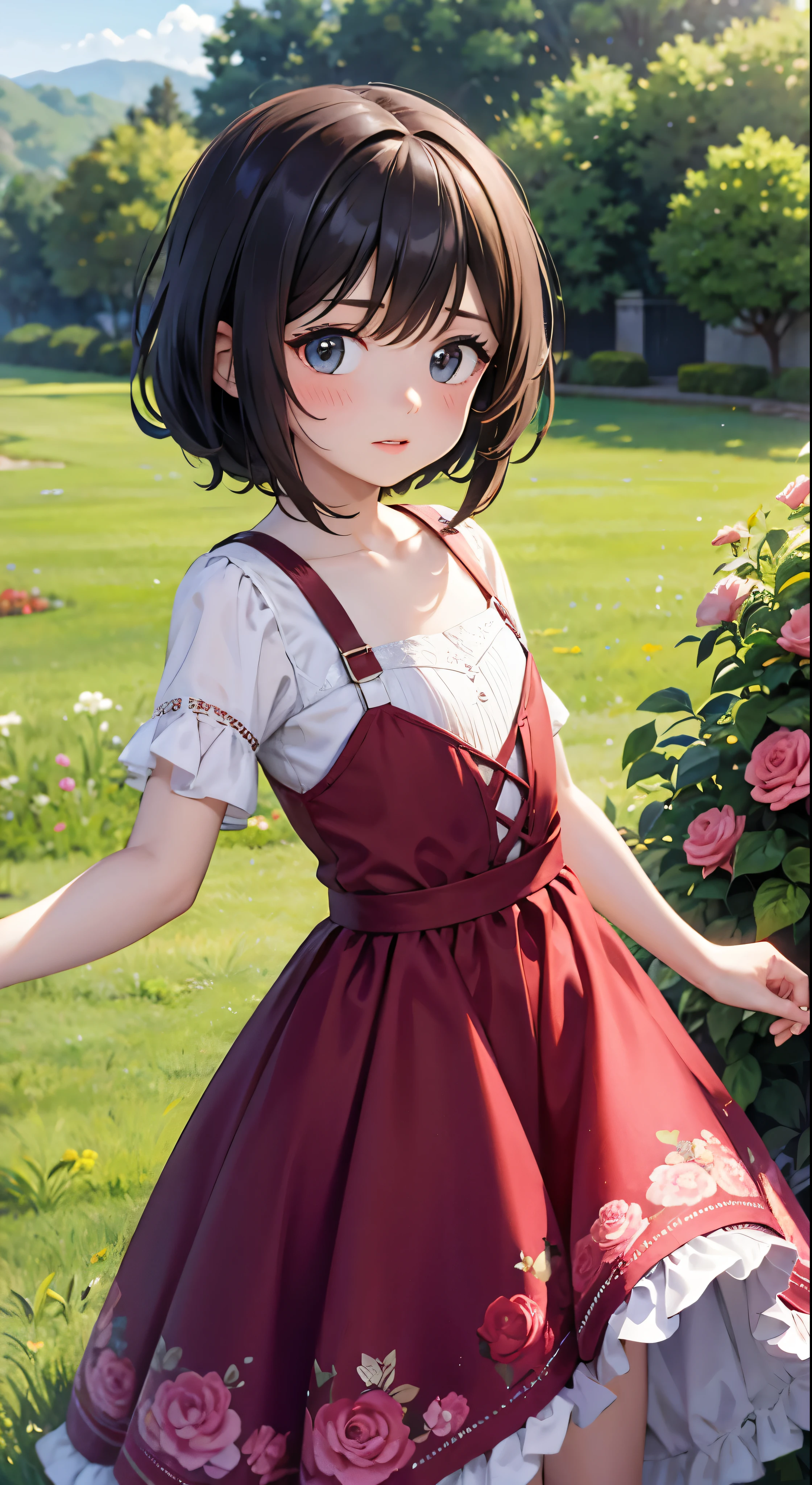 In the garden full of flowers, under the sunlight, little girls in floral dresses are dancing