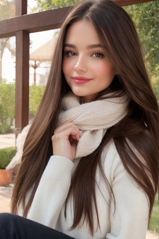 Casual photograph, best quality, 8K, hyper detailed, full body, A close up portrait of a Gorgeous, charming, alluring, graceful, majestic, classy, stylish, flowing super long brown haired argentinian woman. Flowing hair, silky hair, glowing hair, ethereal argentinian beauty, exotic argentinian beauty, timeless argentinian beauty, dream argentinian beauty. She has the cutest face, beaming countenance, fair porcelain skin, soft make-up, red lipstick, she is wearing a black leather jacket, sweater, scarf, skinny trousers, and boots. She's glad, happy, cheerful, joyful, angelical face, angelical beauty. Affectionate woman, tenderness and delicacy in person. She's at garden, having a coffee.