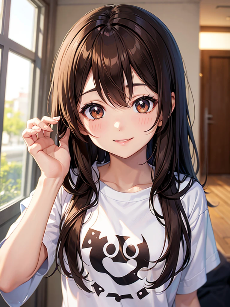 Brown hair. Anime girl. Asian girl. Ulzzang. Brown eyes. Smiling. T-shirt.