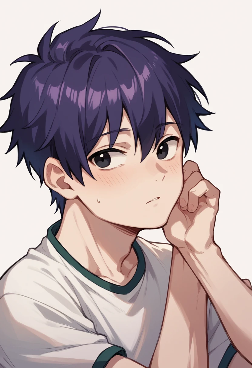 1  boy, cute, dark purple hair almost black, black eyes, slim body