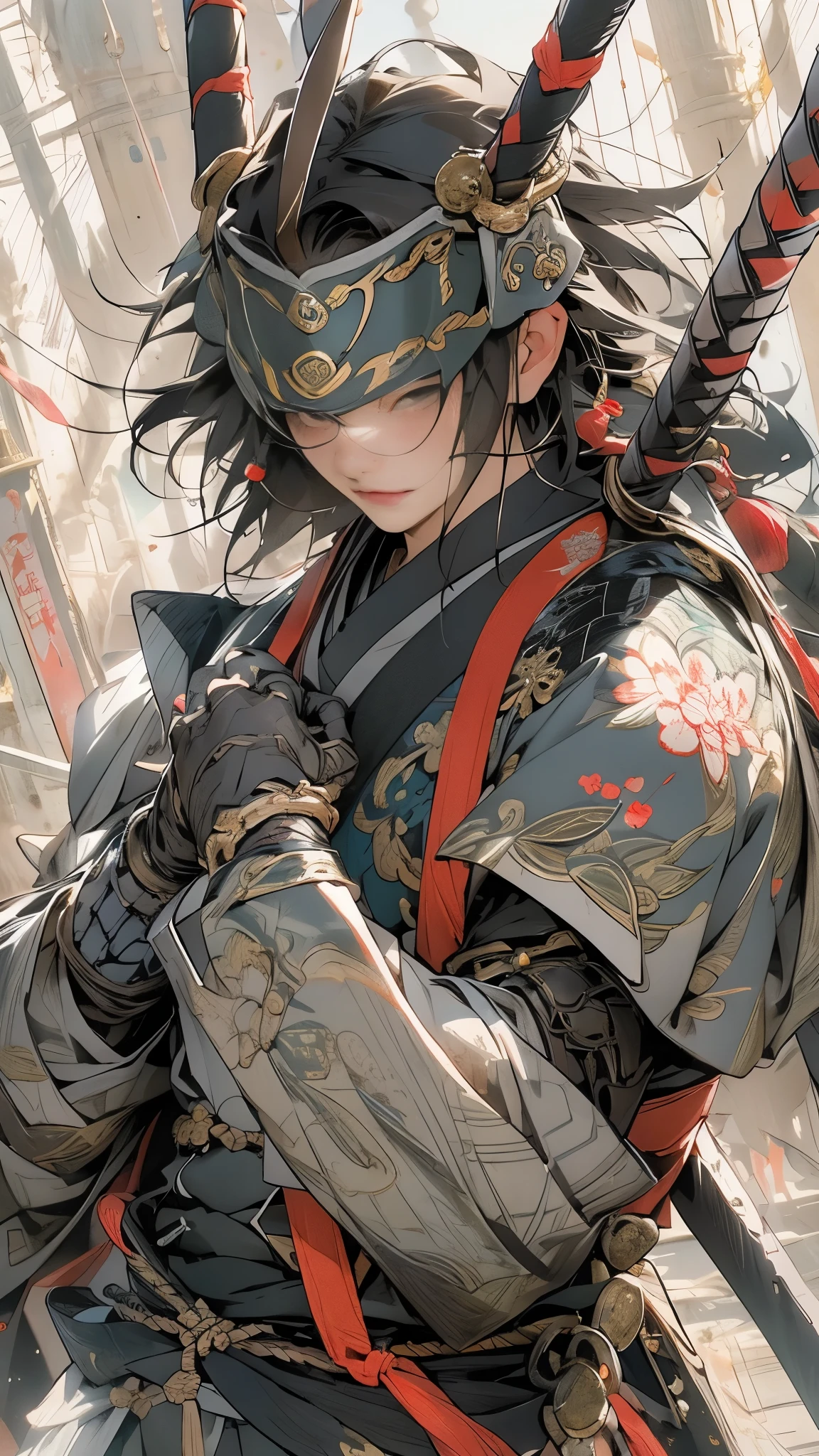 (((a person))), (((Highest quality))), (((masterpiece))), (((As-))), ((( Japanese ))), Looking up from knees、Handsome Asian Samurai、Perfect figure、Modern Samurai、 ((( Asian))), put gloves on your hands、The left arm is made of steel and metal protection.、The eyes are tight、 (( Appear under the chest )), (( Small dental floss )), Castle City Wilderness or high resolution poster、hair is straight、Minimal clothing、armor、Straight brunette hair、Bold Pose、