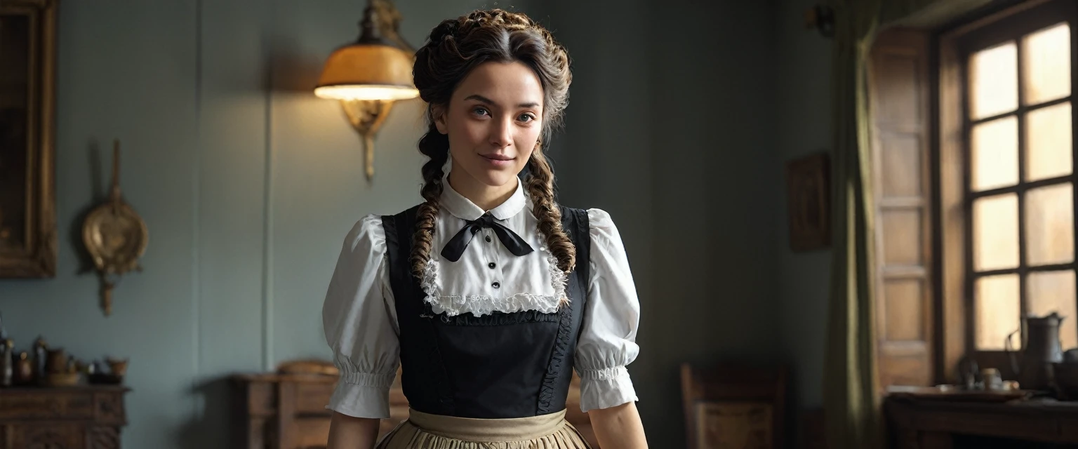 ((best Quality: 1.4)), (Unparalleled Masterpiece), (Ultra High Definition), (Ultra Realistic 8k CG), (half body image:1.5 ), (ultra detailed), (maid ), (art by Jean Baptiste Monge), highly detailed maid clothes, half apron , stunningly beautiful, highly detailed beautiful hair, highly detailed hairstyle, cinematic soft lighting, happy , in old western house, ,soft backlighting effect to add depth to the image, Anisotropic Filtering, Depth of Field, Maximum clarity and sharpness, , 8 life size, thicc body:0.8 , perfect anatomy, symmetrical and balanced, beautiful gradient, sharp focus, golden ratio, Centered image, Beautiful Composition,(viewed from back:2.0),(viewed from below:1.5)