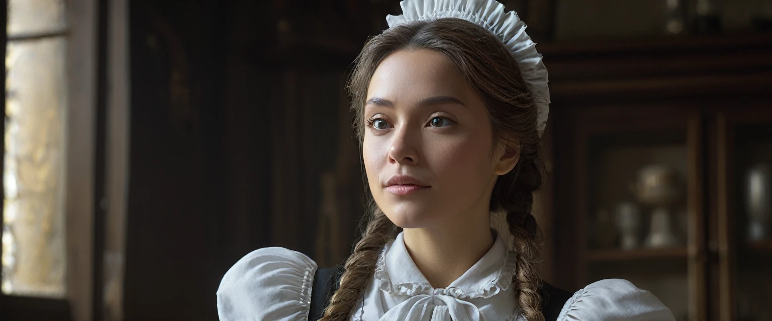 ((best Quality: 1.4)), (Unparalleled Masterpiece), (Ultra High Definition), (Ultra Realistic 8k CG), (half body image:1.5 ), (ultra detailed), (maid ), (art by Jean Baptiste Monge), highly detailed maid clothes, half apron , stunningly beautiful, highly detailed beautiful hair, highly detailed hairstyle, cinematic soft lighting, happy , in old western house, ,soft backlighting effect to add depth to the image, Anisotropic Filtering, Depth of Field, Maximum clarity and sharpness, , 8 life size, thicc body:0.8 , perfect anatomy, symmetrical and balanced, beautiful gradient, sharp focus, golden ratio, Centered image, Beautiful Composition,(viewed from back:2.0),(viewed from below:1.5)