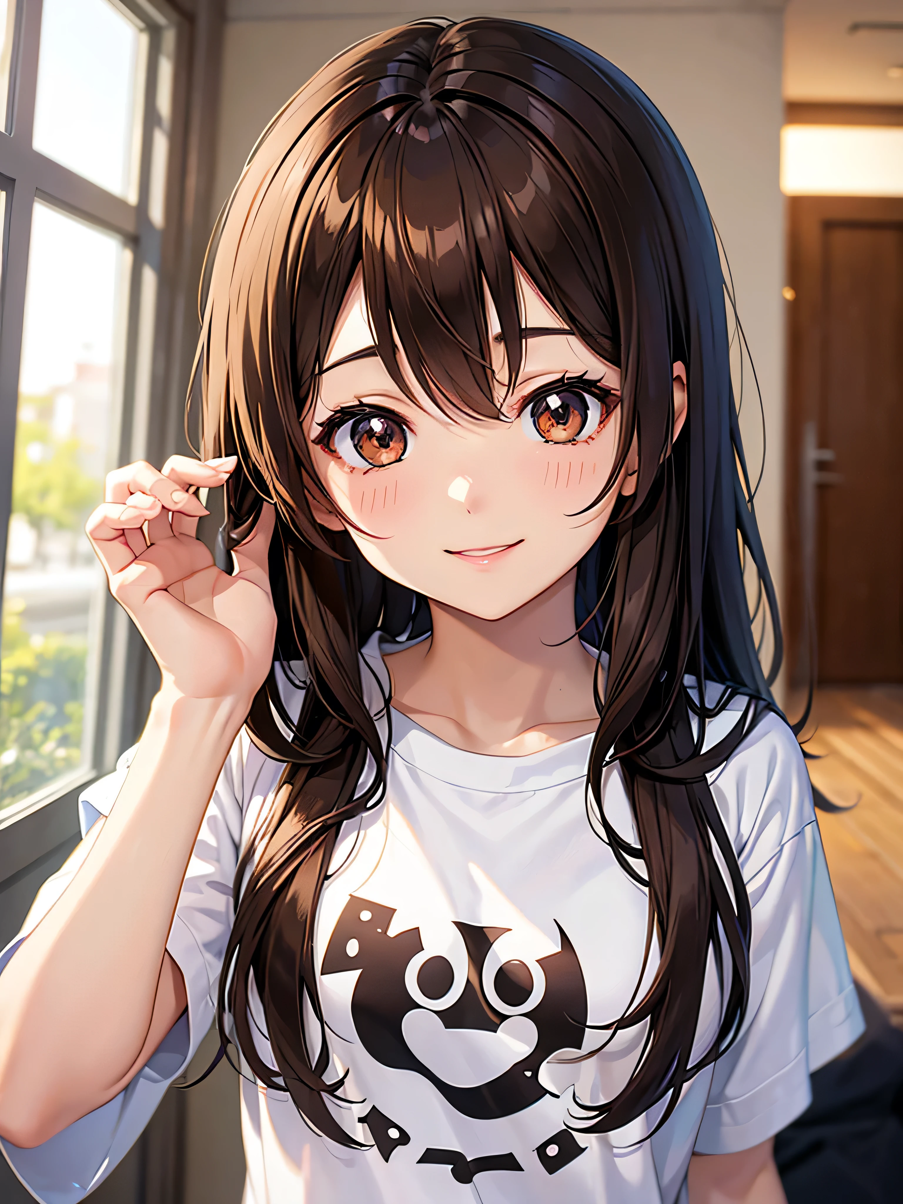 Brown hair. Anime girl. Asian girl. Ulzzang. Brown eyes. Smiling. T-shirt.