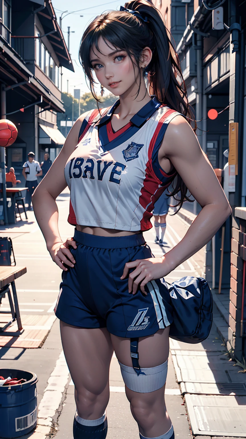 17 year old female、high school girl、Black Hair、ponytail、Long headband、moving((Sportswear))、Navy blue bloomers((bloomers))、socks、sports boots、A bib with a three-digit number printed on the chest((Bib))、Baton of relay、Place hands on hips、smile、high school((high school))Playground