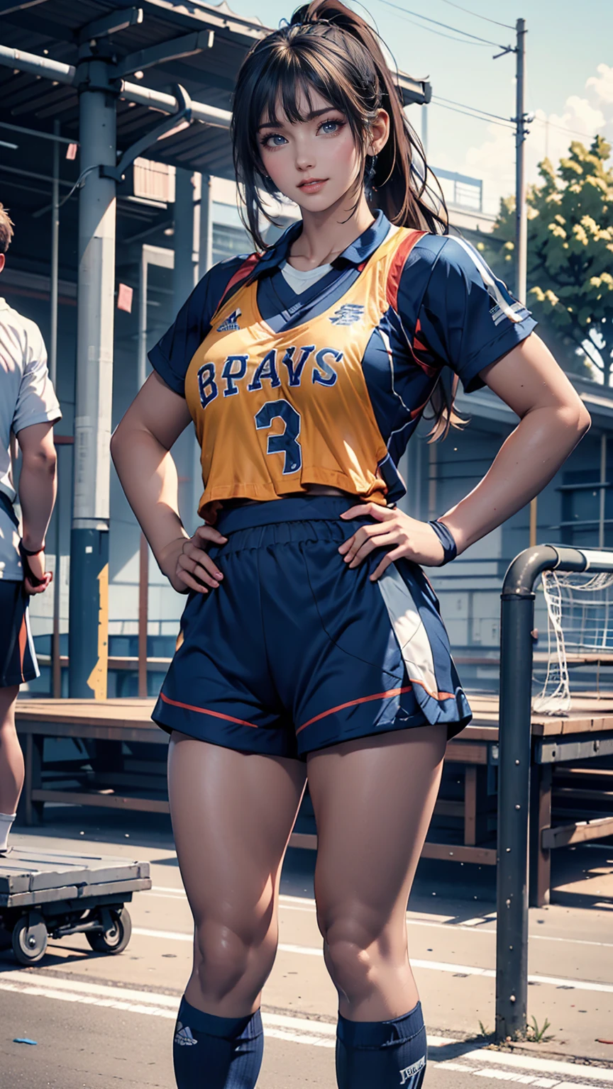 17 year old female、high school girl、Black Hair、ponytail、Long headband、moving((Sportswear))、Navy blue bloomers((bloomers))、socks、sports boots、A bib with a three-digit number printed on the chest((Bib))、Baton of relay、Place hands on hips、smile、high school((high school))Playground