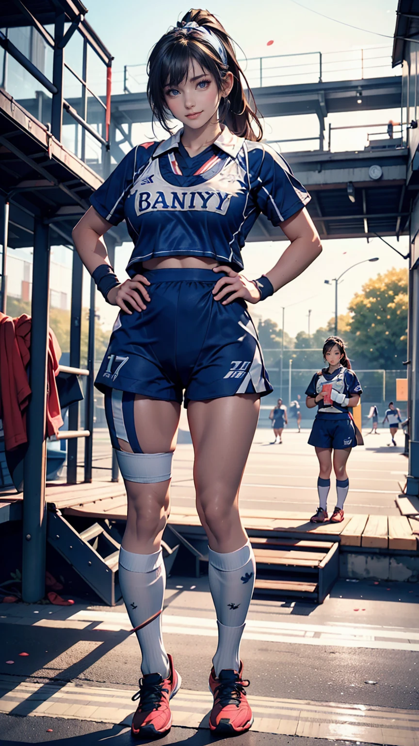  female、high school girl、Black Hair、ponytail、Long headband、moving((Sportswear))、Navy blue bloomers((bloomers))、socks、sports boots、A bib with a three-digit number printed on the chest((Bib))、Baton of relay、Place hands on hips、smile、high school((high school))Playground