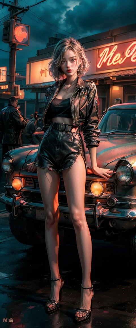 ((masterpiece, Highest quality, Best image quality, High resolution, Real, Original photo, 8k)), View of Arafido from the motel,A World War II fighter plane is parked in front of the building., with Neon Light, A woman waiting for passengers in front of an airplane, Lure, Military uniform and high heels, American Female Soldiers,National Route 66, Neon Light, 1950s American Travel, some have Neon Light, 外面Neon Light, Neon Light, gigantic Neon Light, Neon Light商店, Ernie Swicker, few Neon Light, Neon Light in background,Focus on the person in a full-body image、Front image、Casual clothing