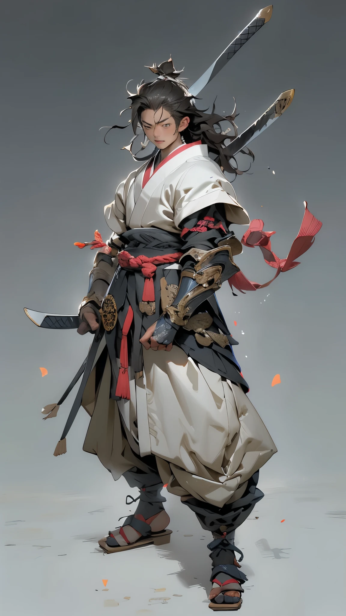 (((a person))), (((Highest quality))), (((masterpiece))), (((As-))), ((( Japanese ))), Looking up from knees、Handsome Asian Samurai、Perfect figure、Modern Samurai、 ((( Asian))), put gloves on your hands、The left arm is made of steel and metal protection.、The eyes are tight、 (( Appear under the chest )), (( Small dental floss )), Castle City Wilderness or high resolution poster、hair is straight、Minimal clothing、armor、Straight brunette hair、Bold Pose、Simple Background、