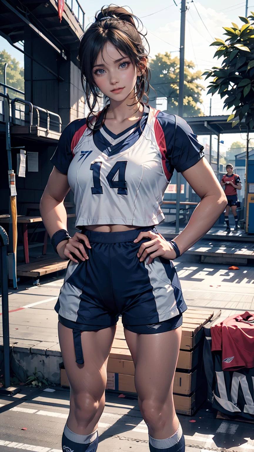 17 year old female、high school girl、Black Hair、ponytail、Long headband、moving((Sportswear))、Navy blue bloomers((bloomers))、socks、sports boots、A bib with a three-digit number printed on the chest((Bib))、Baton of relay、Place hands on hips、smile、high school((high school))Playground