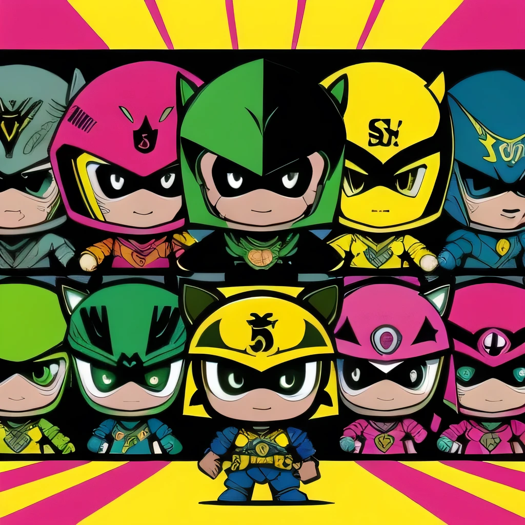 Outrageous determination, high resolution, (Masterpiece: 1.4), super fine, crisp detail, dramatic and realistic pictorial art, Super Sentai series GANGER, hero masks, (green, blue, black, yellow, pink there, 5-man group) Justice Heroes, chibi, transformation pose, profile