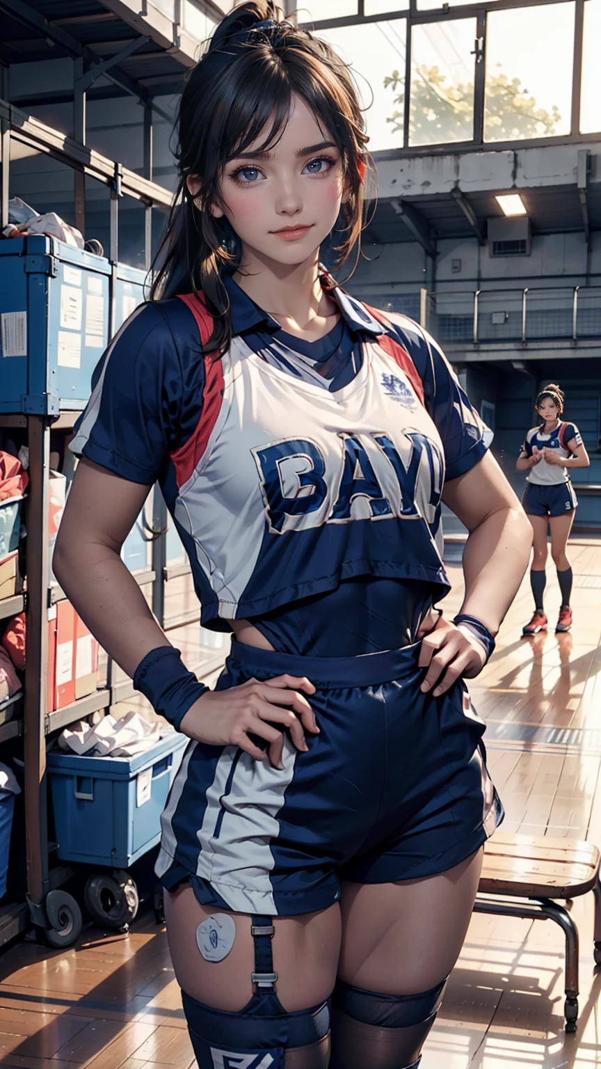 17 year old female、high school girl、Black Hair、ponytail、Long headband、moving((Sportswear))、Navy blue bloomers((bloomers))、socks、sports boots、A bib with a three-digit number printed on the chest((Bib))、Baton of relay、Place hands on hips、smile、high school((high school))Playground