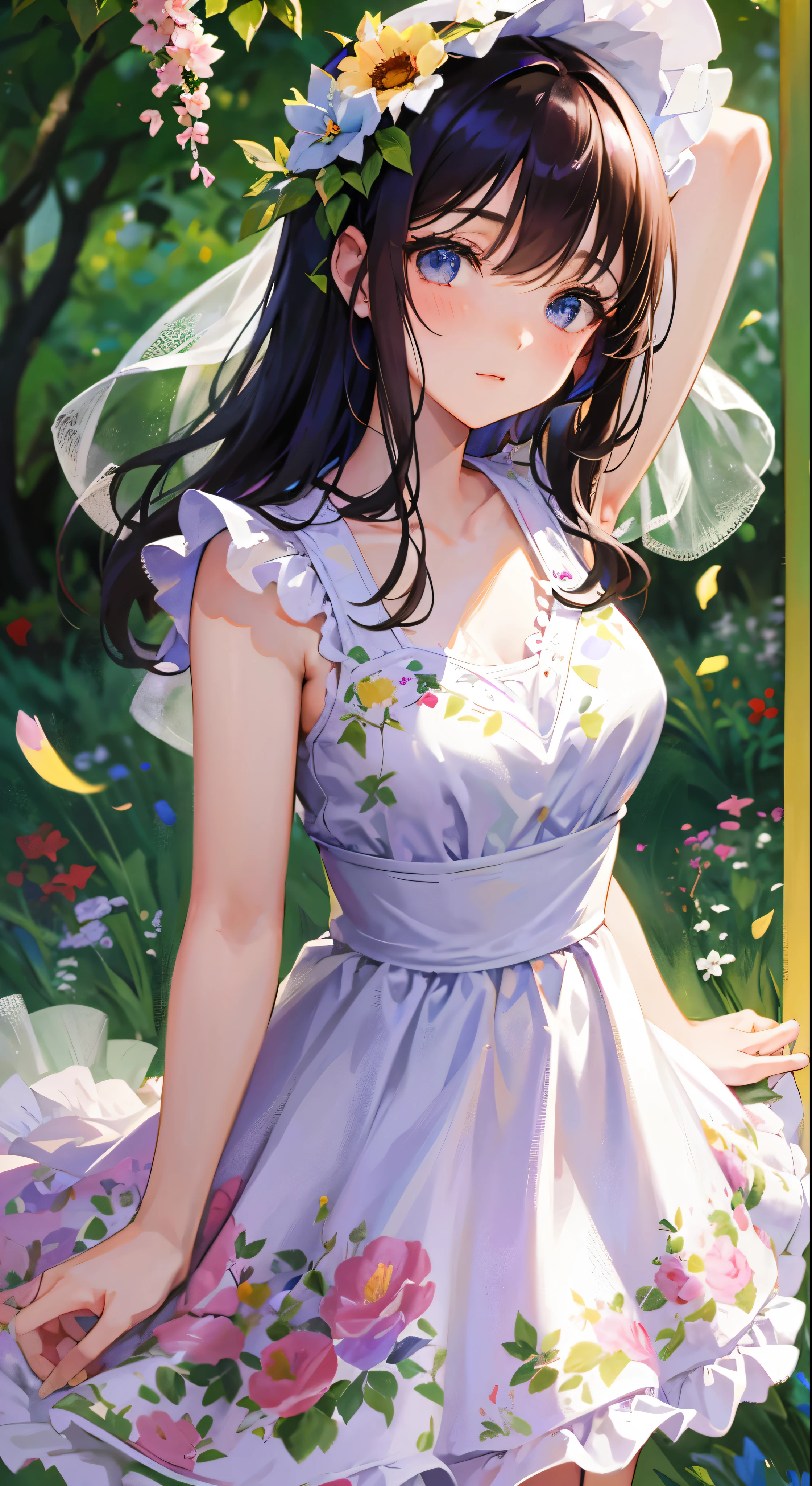 In a garden full of flowers、In sunlight、A girl in a floral dress is dancing，Facial details．