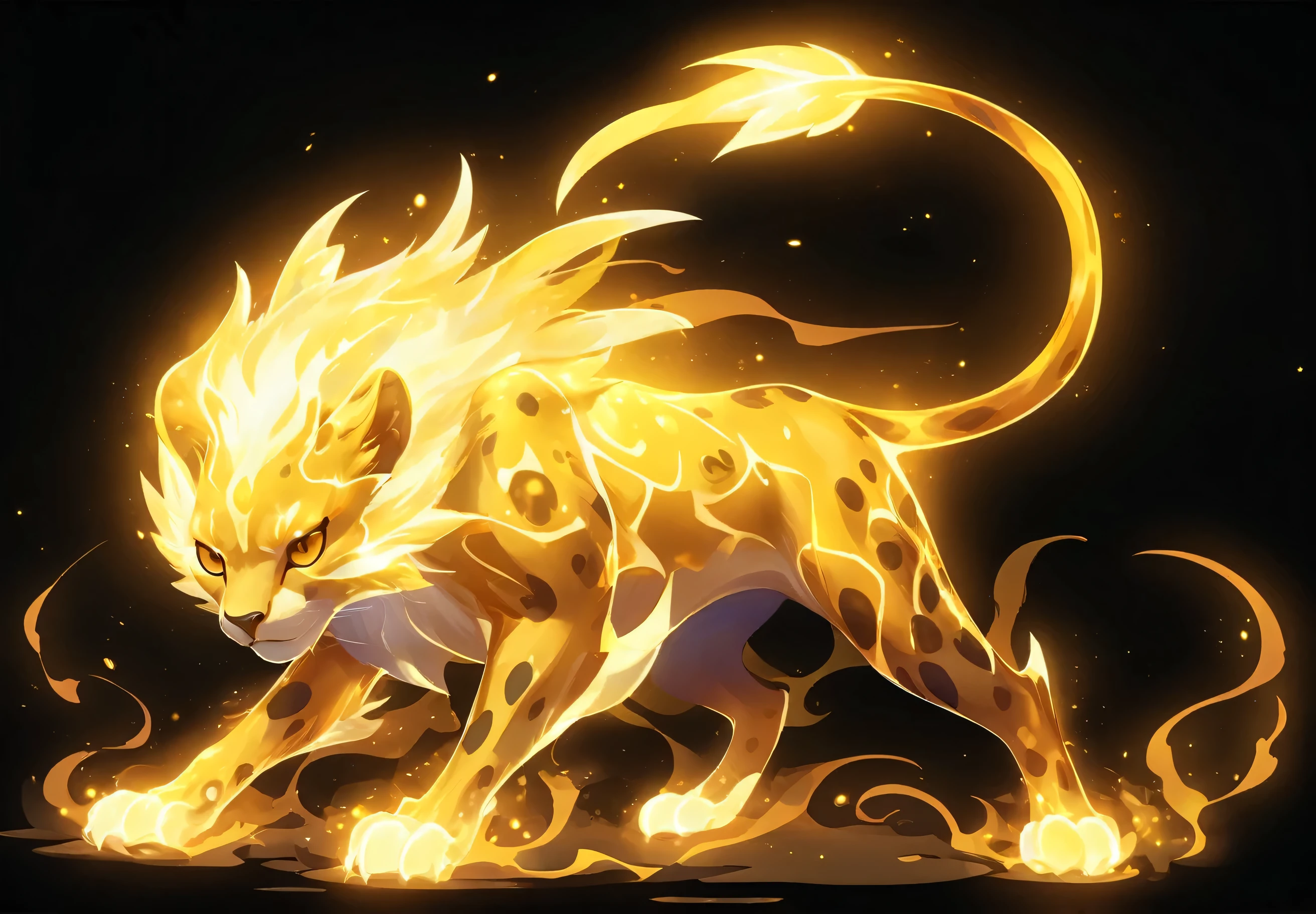 It is a golden glowing celestial creature that is a golden cheetah, similar to the D tensor in the Pokemon animation. It has sharp white claws on its front PAWS surrounded by swirling light energy in shades of yellow and orange against a black background. The design should be high resolution vector graphics with no shading or gradients. In a cartoon style, this artwork will attract attention to any mobile game or website.