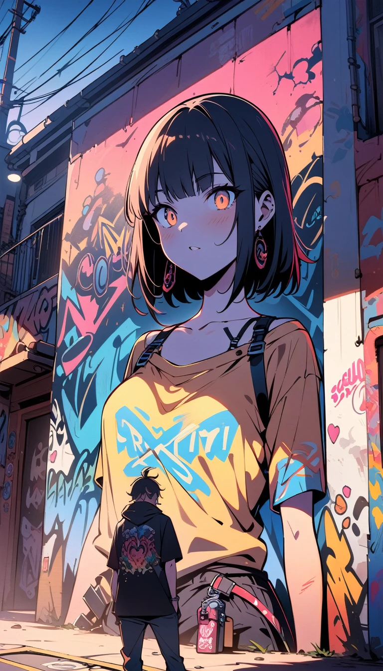 ((best quality)) , ((masterpiece)) , (detailed)，backlit photo of,  a [Libyan|Tibetan] (Simona:1.2) , Unattractive, Tie, Sublime Straps, at Twilight, Detailed illustration,Graffiti style ， Street art, vibrant, urban, detailed, tag, mural