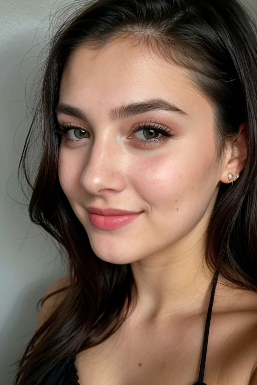 a beautiful 23 year old woman, selfie, cute face, wearing black dress, happy expression, high quality RAW photo, detailed facial features, detailed eyes, detailed lips, detailed skin, studio lighting, professional portrait photography, natural colors, cinematic lighting, shallow depth of field, photorealistic, masterpiece