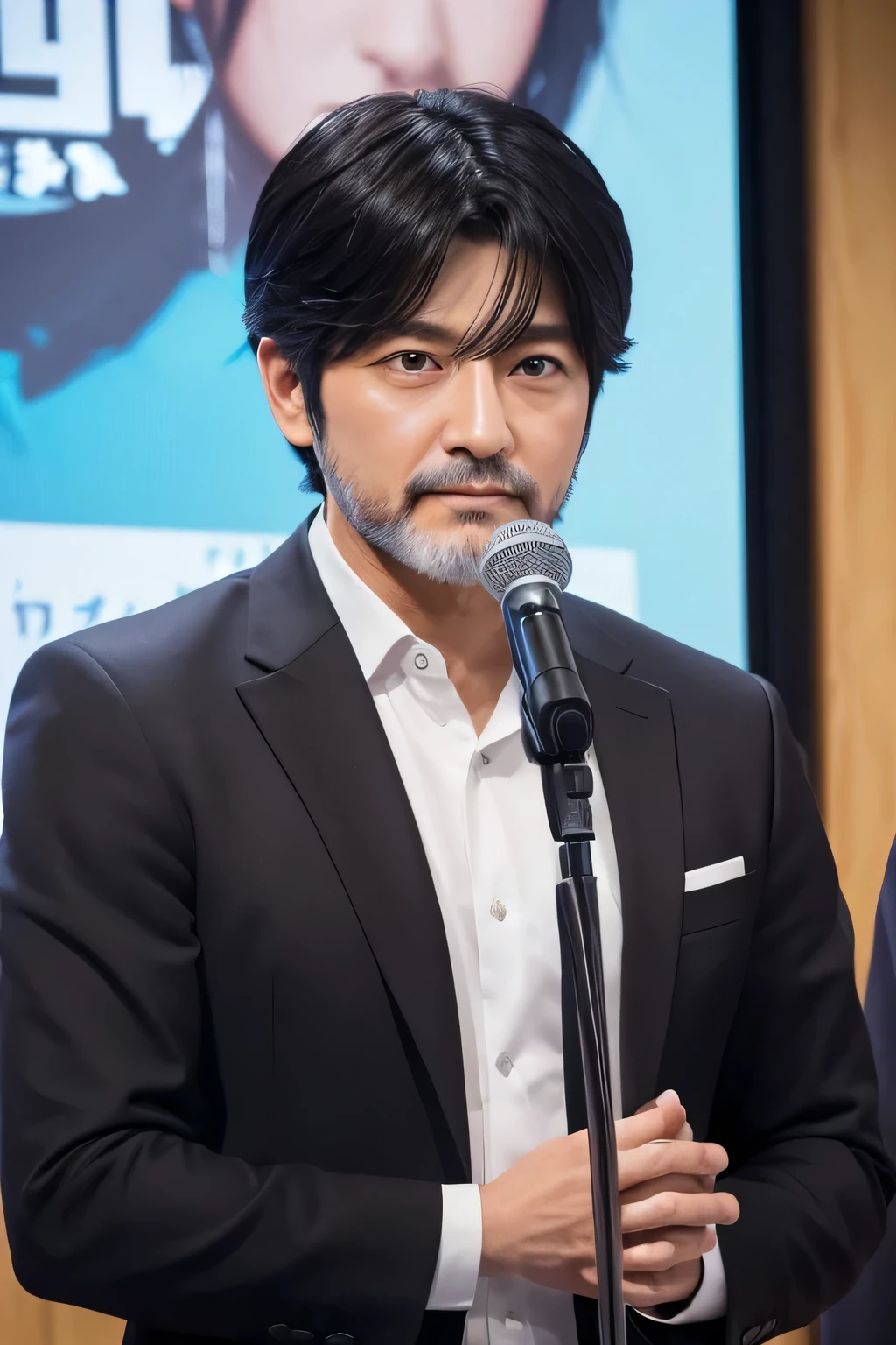 (masterpiece, High resolution,Highest quality: 1.2), High Detail, Japanese、Holding a microphone、Press conference、male、Black Hair、I have a little beard、50 years old、Raising his arms