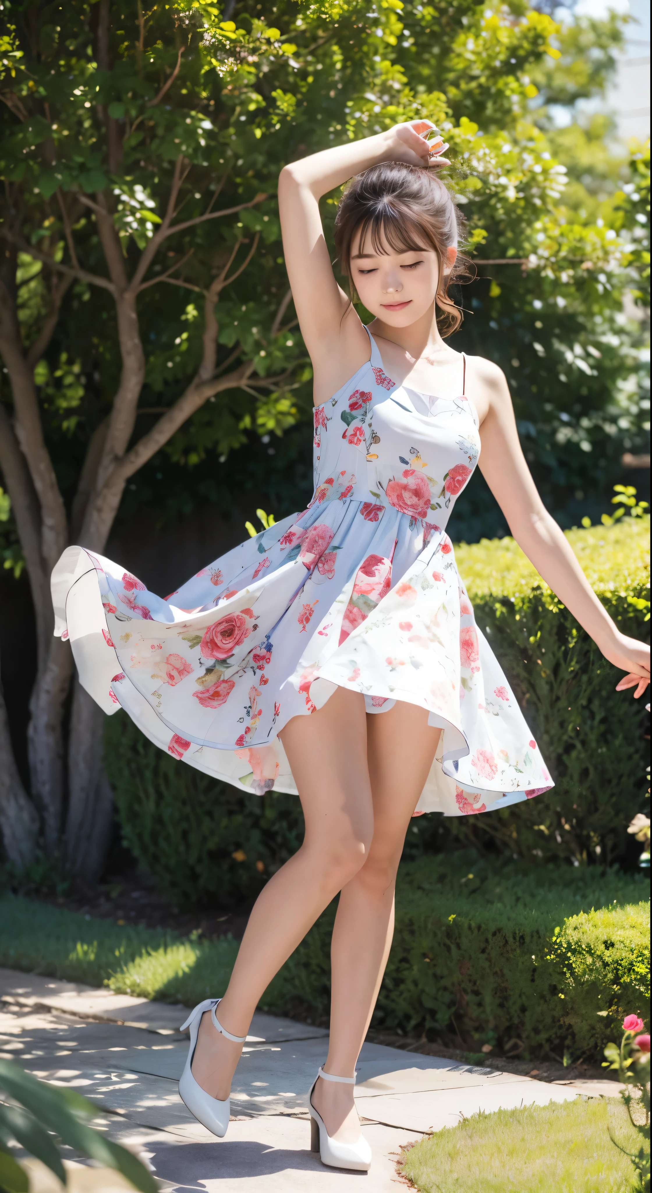 In a garden full of flowers、In sunlight、A girl in a floral dress is dancing，Facial details．