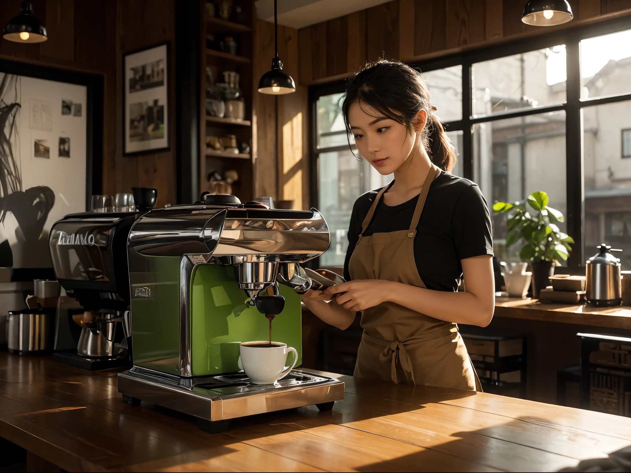 ((very sharp photo result, hyper realistic photo)) (((Best Quality))), (((masterpiece))), (((Ultra-detailed CG))),(((magical ))) an artsy edgy colorful striking cozy cafe, barista corner table with classic & steamy coffee maker machine that steam and brwe a cup of hot coffee, interior: lime green and natural wood dominated color, in background there is a backlight shade of an asian barista woman with bandana and wears apron, who prepare the coffee, shade photography, shadow &