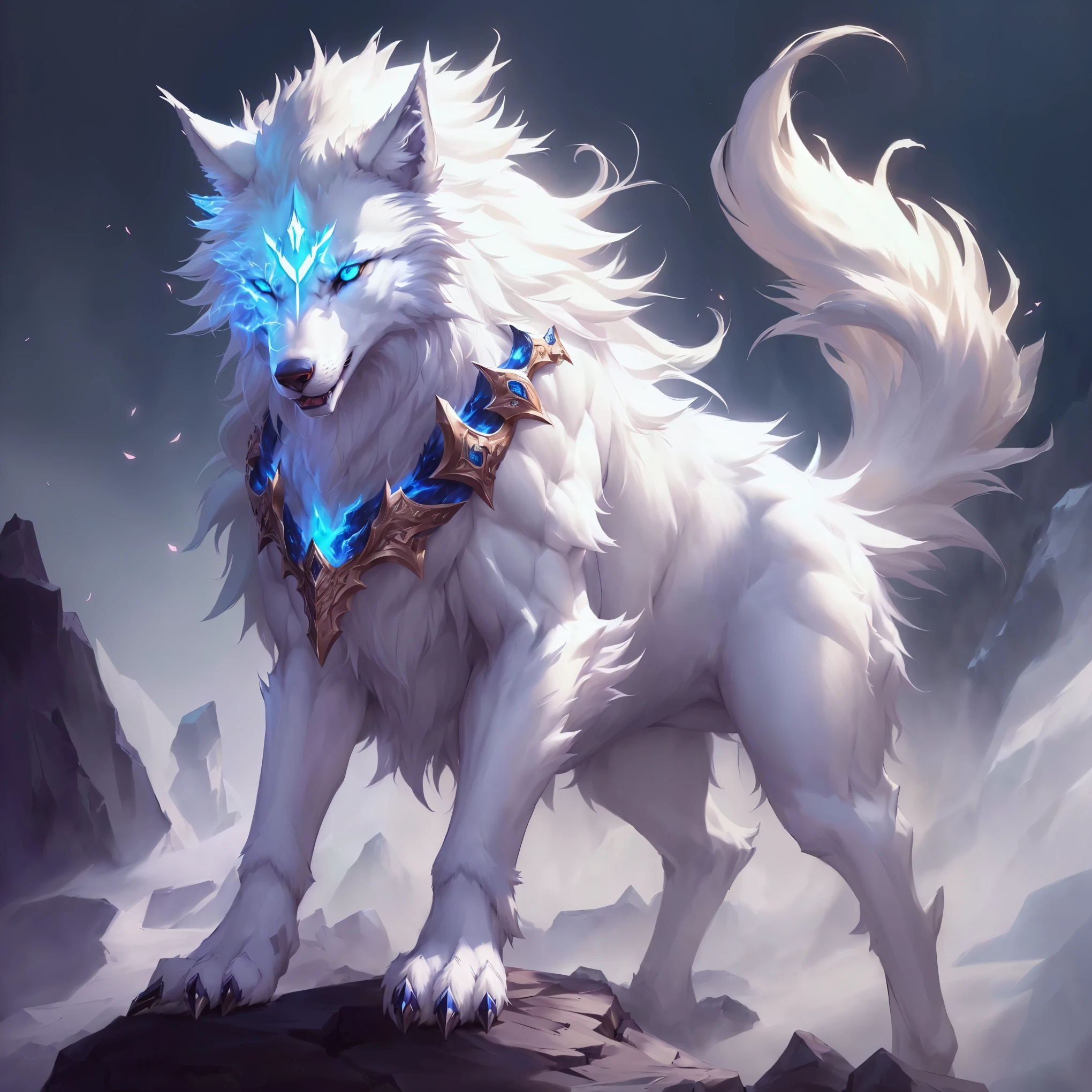 anime - style illustration of a White Wolf with blue eyes standing on a rock, Fenrir, fantasy wolf portrait, author：Yang J, Furry Fantasy Art, Furry wolf, an White Wolf with blue eyes, White Wolf, female anthropomorphic wolf, Onmyoji detailed art, League of Legends concept art