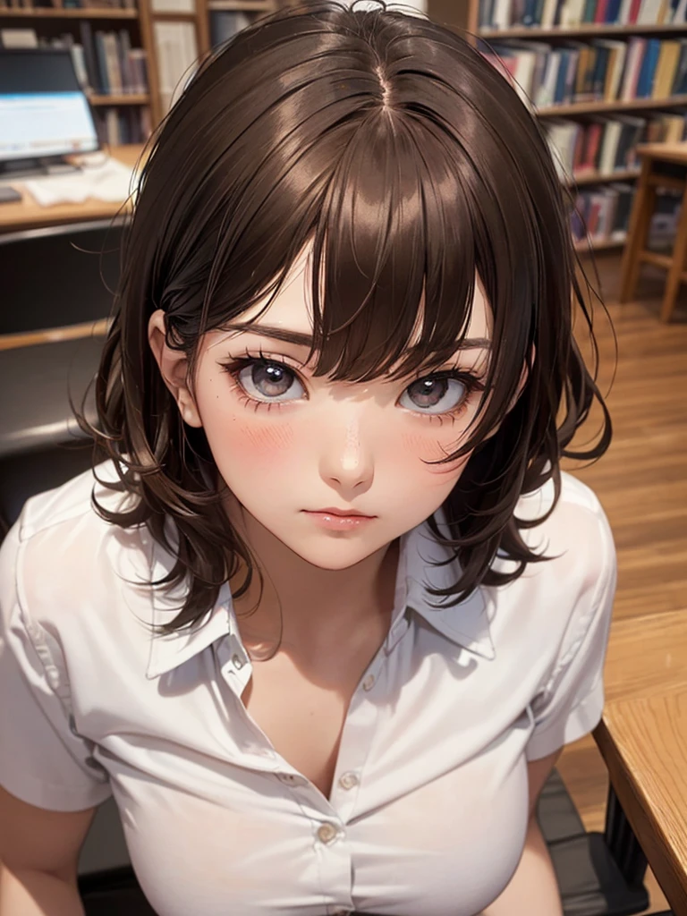 ((Tabletop, Highest quality, High resolution, Hmph, Pixel perfect, 4K, Hmph, Hmph))), One Girl, single, alone, Beauty、The whole body is visible、 ((Short Wavy Hair, bangs, Brown Hair)), ((Brown eyes, Beautiful eyelashes, Realistic eyes)), ((Detailed face, blush:1.2)), ((Smooth texture:0.75, Realistic texture:0.65, Realistic:1.1, Anime CG style)), Medium chest, Dynamic Angle, Perfect body, ((White shirt, Unbuttoned shirt、I'm not wearing shoes、White Sox)), Empty library、Sit at a desk、Lower'I took my feet off the desk..............................................................、evening、、、Very embarrassing panic smile、(Spread your legs、Open your knees wide、Floral lace panties)、、(Pink lace bra)、Angle from below