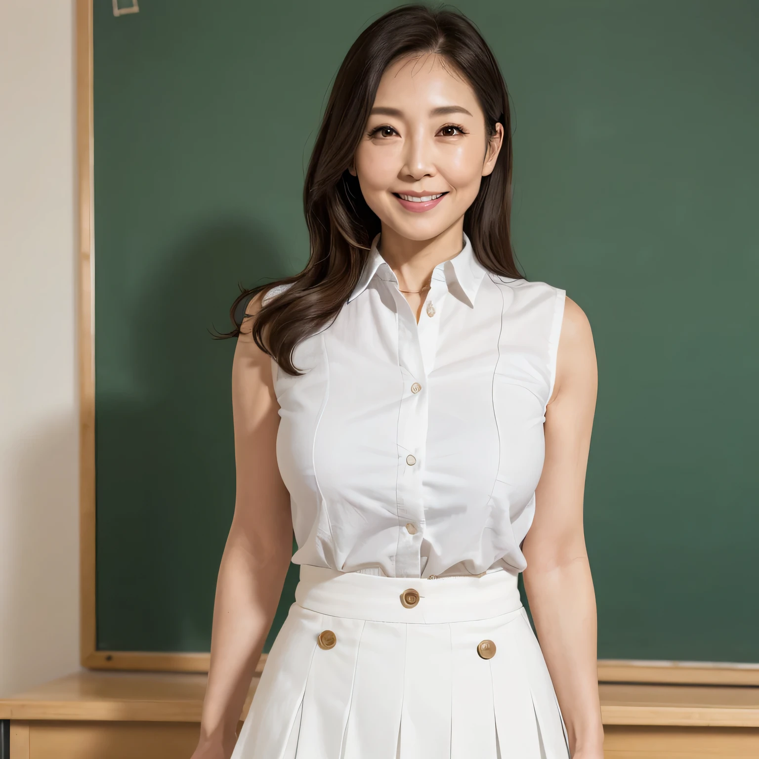 High resolution, High-level image quality, High definition, masterpiece, 8k, Anatomically correct, Professional Lighting, sharp, White Photo, ((Japanese Mature, 90 years old, Beautiful female teacher)), One person, ((Facial wrinkles)), Shapely large breasts, Straight, light brown, long hair that reaches the shoulders, Chubby body type, ((School classroom, Smiling and looking at the viewer, standing upright)), (((A white sleeveless summer buttoned shirt tucked into a skirt, Tight summer high waisted white long flared skirt))), Composition from knee to head
