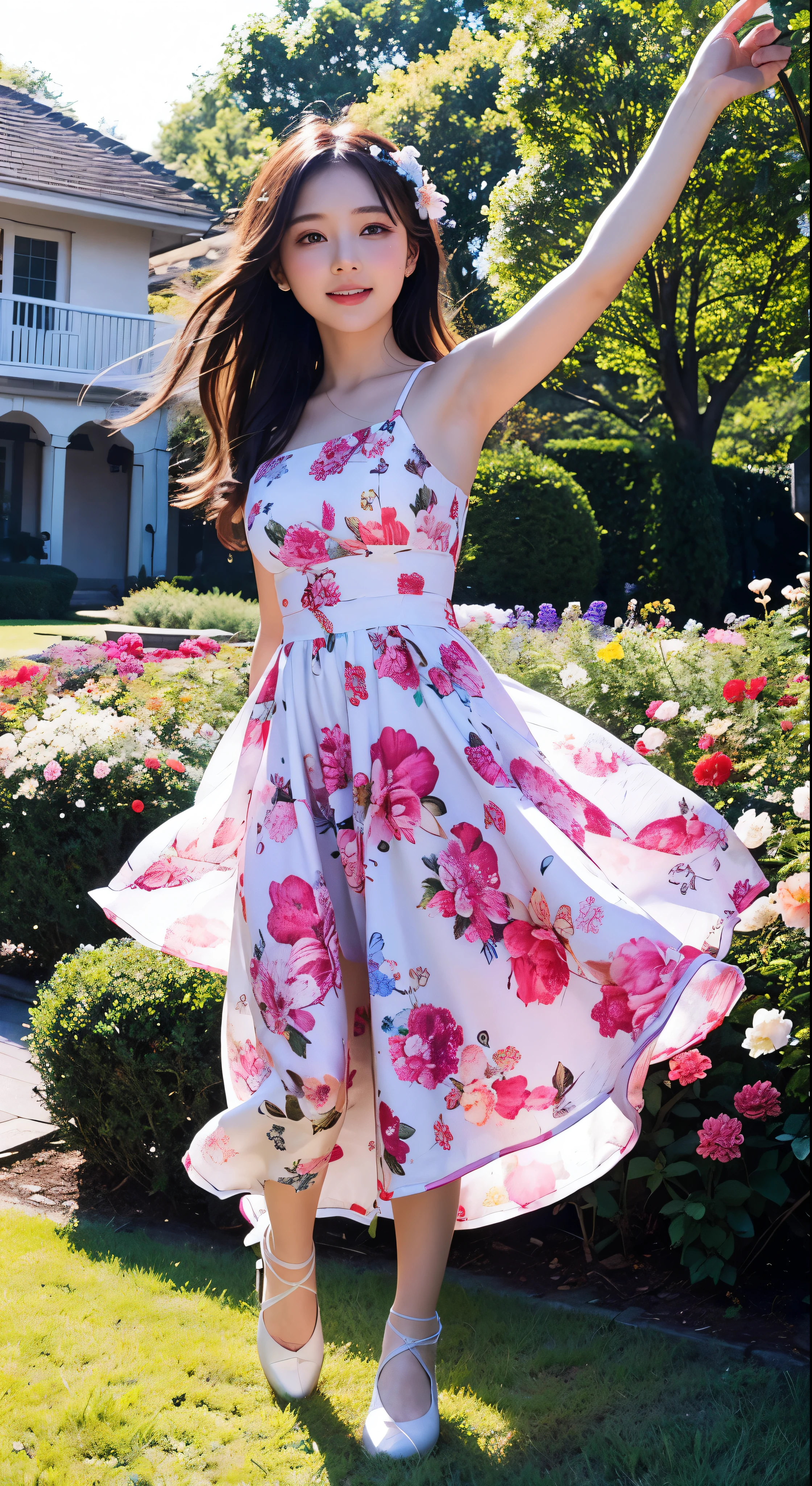 In a garden full of flowers、In sunlight、A girl in a floral dress is dancing，Facial details．