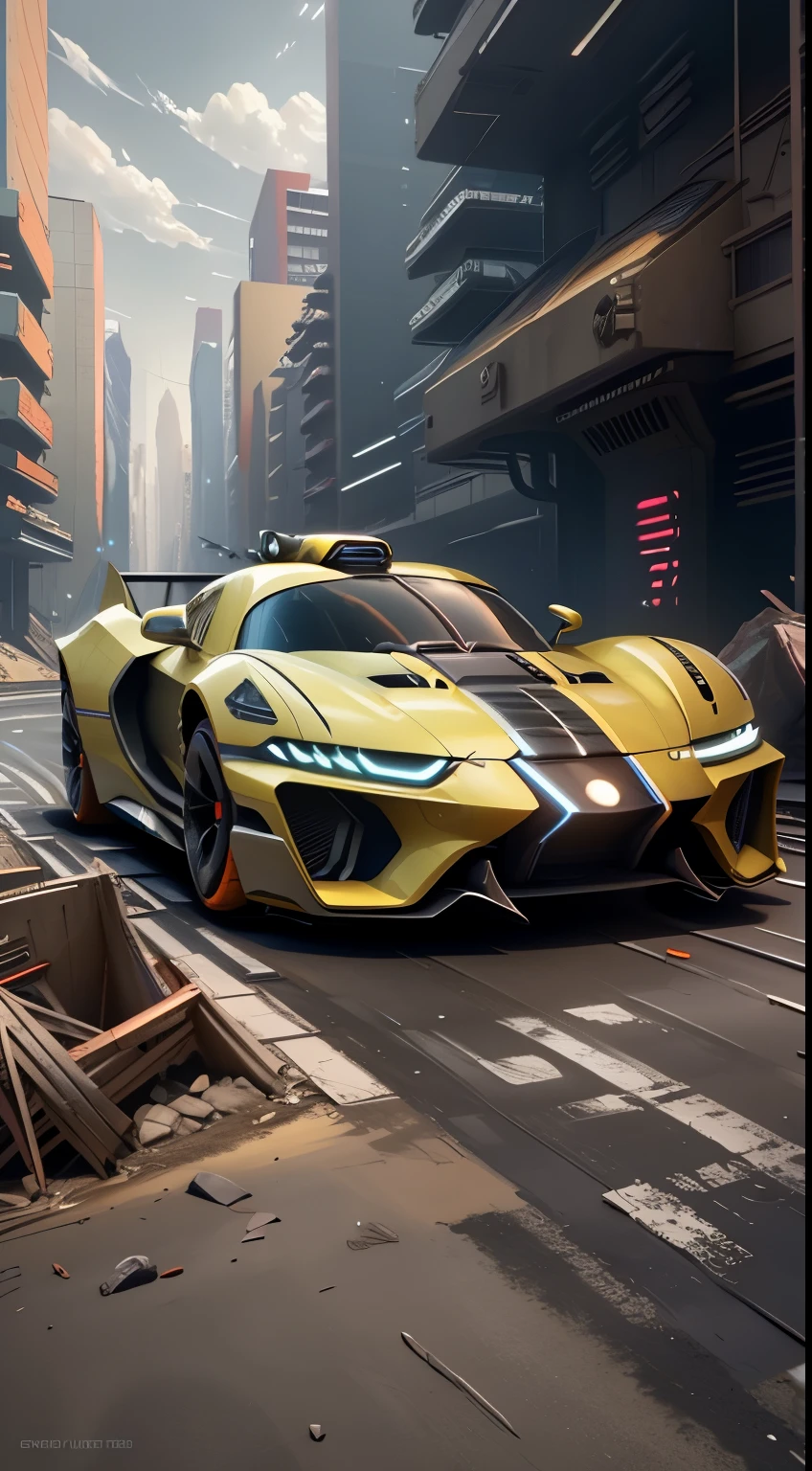 Futuristic sports car driving on the streets of a future city