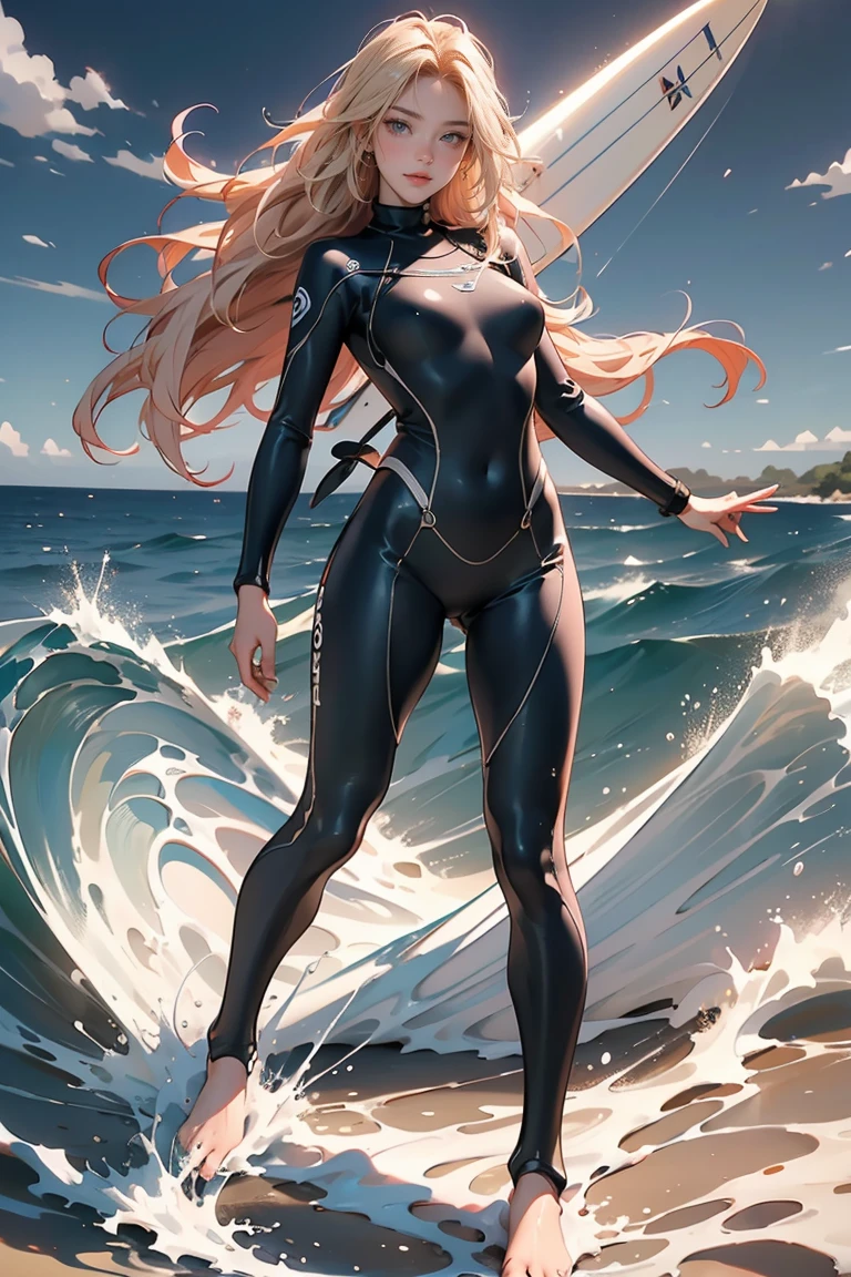 ((Masterpiece, top quality, high resolution, highly detailed CG unified 8K wallpaper)), (huge stunning goddess shot, very hot and sexy, jaw-dropping beauty, perfect proportions, beautiful body, slim body beauty:1.3), (surfer in wetsuit  riding a wave on a white and blue surfboard, surfing woman:1.5), surf, asuka as a surfer model, surf photography, surfing a barrel wave, blonde hair blowing in the wind, a dynamic surf photo, fullbody - shot, cover of surfer magazine, 