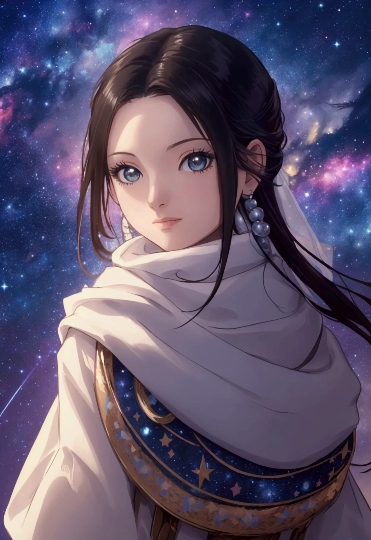 High detail, super detail, super high resolution, girl enjoying her time in the dream galaxy, surrounded by stars, warm light sprinkled on her, background is starry sky with colorful galaxies and galaxy clouds, stars flying around her, delicate face, adding playful atmosphere , 